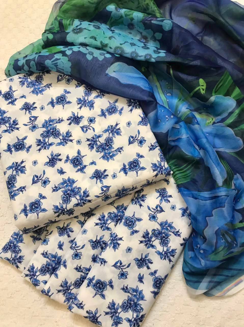 Blue Flowers Digital Printed Swiss Lawn