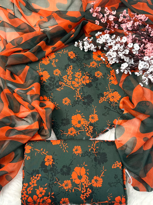 Orange & Green Flowers Digital Printed Swiss Lawn