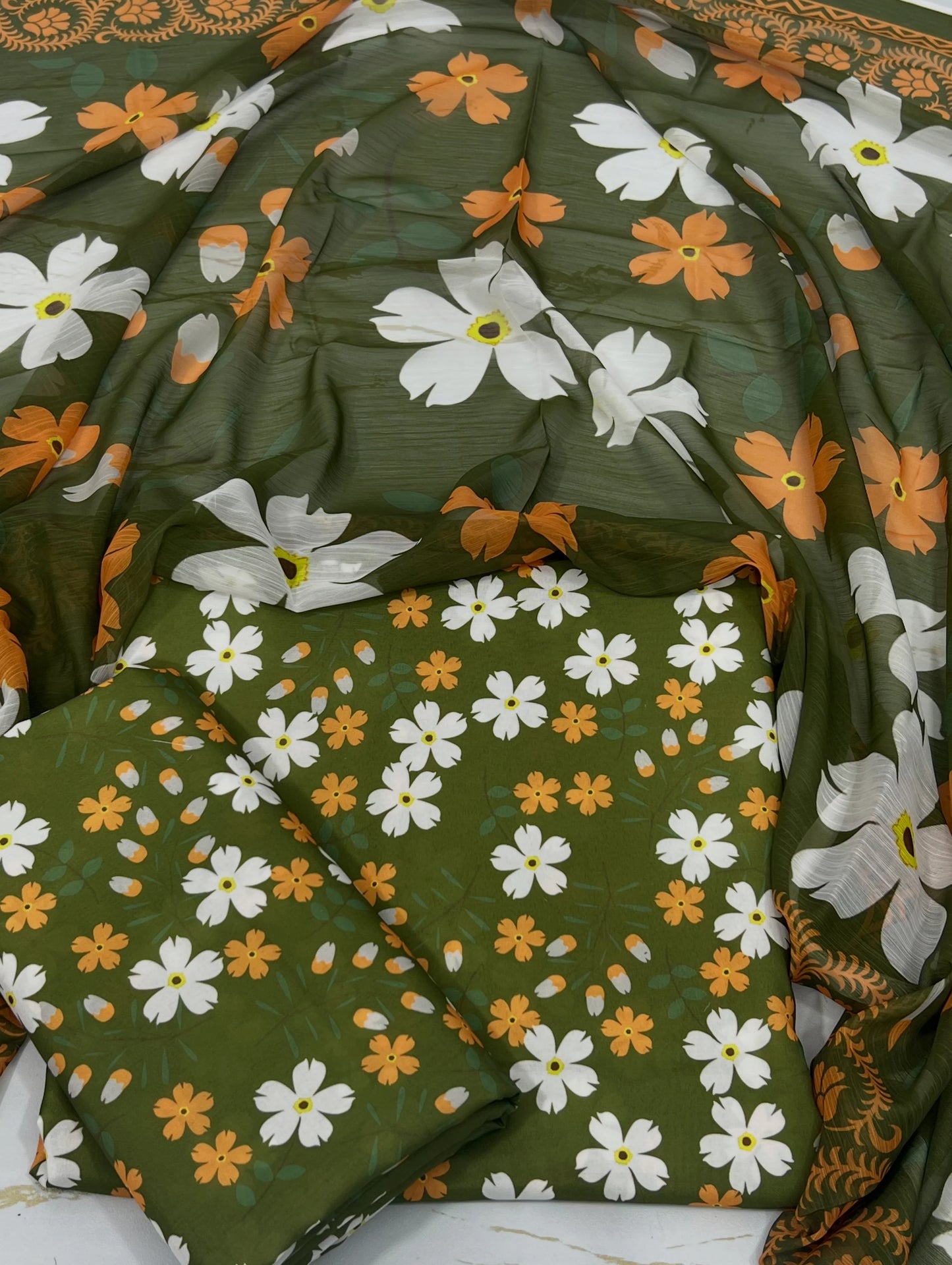 Olive Green Floral Digital Printed Swiss Lawn