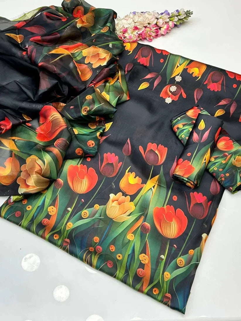 Black 3D Flower Digital Print Silk