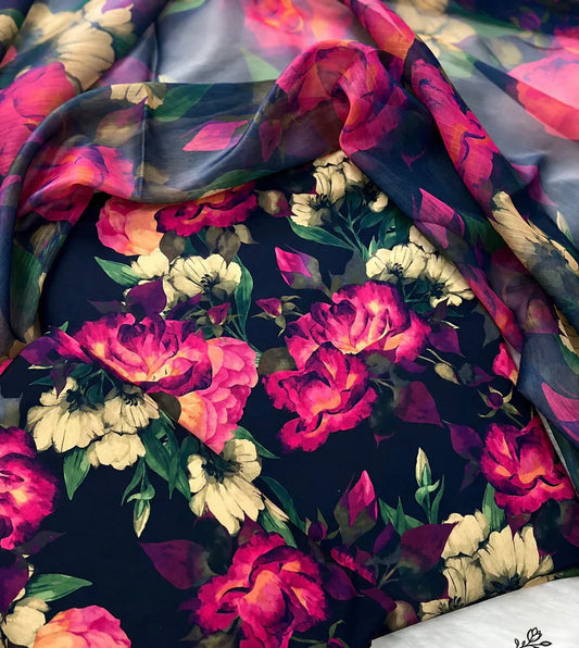 Midnight Rose Bloom Digital Printed Swiss Lawn