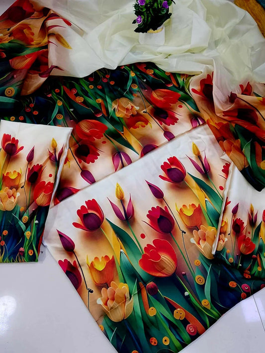 3D Flowers Digital Print Silk