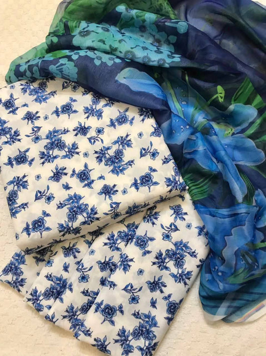 Blue Flowers Digital Printed Swiss Lawn