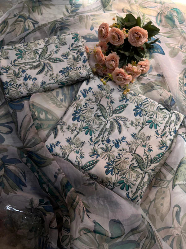 Soft Aqua Flora Digital Printed Swiss Lawn